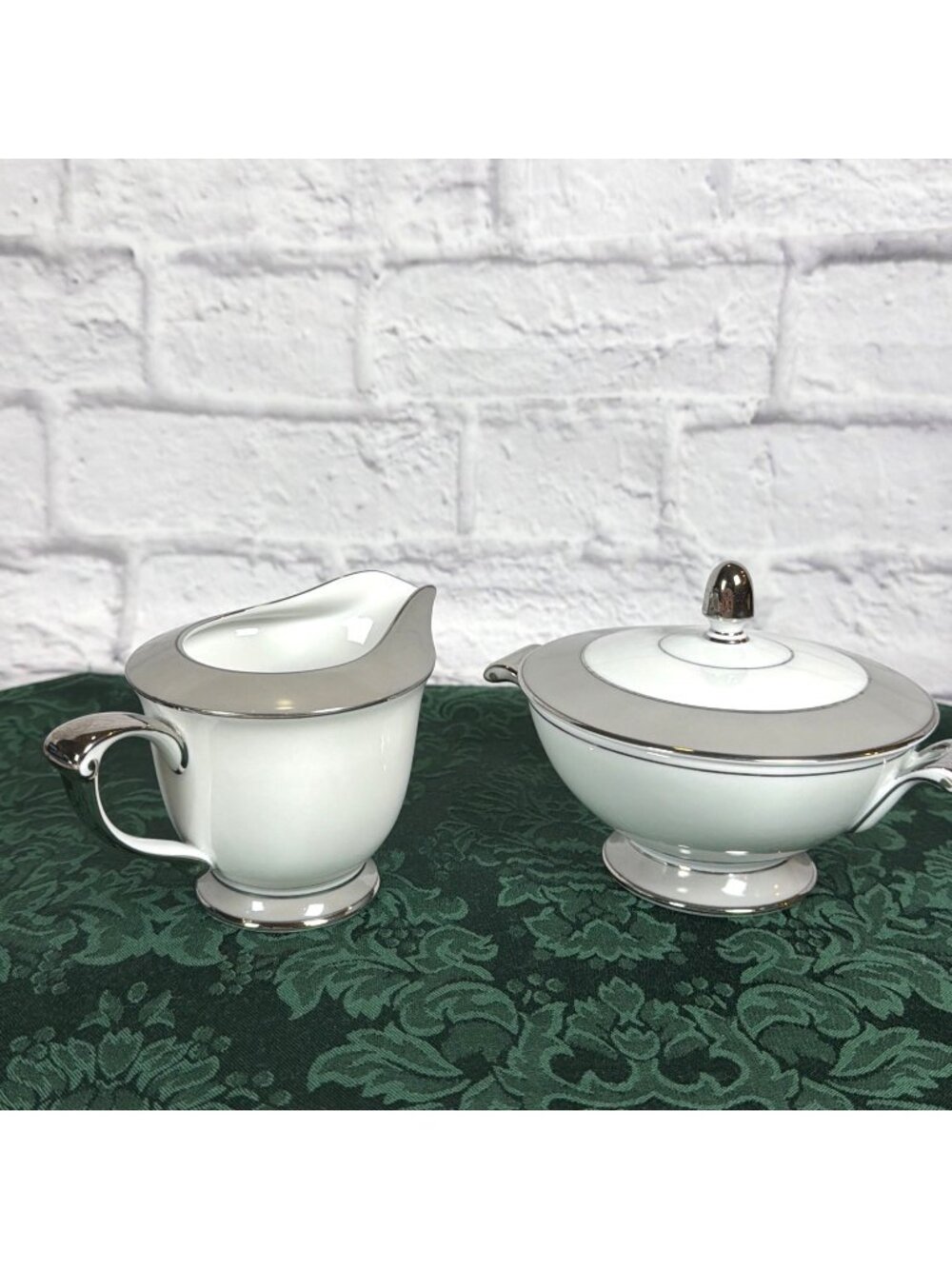 Vintage Sango Platina Sugar Bowl Lid Creamer Set  Japan MCM White Gray Platinum